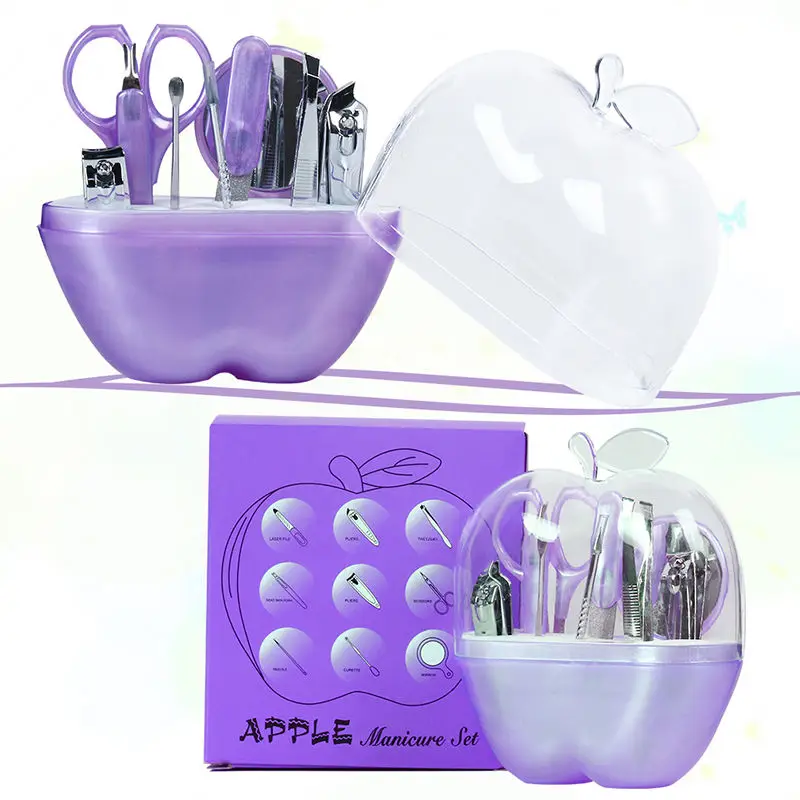 Милый набор для маникюра подобного инструмента Комплект для стрижки, уход за ногтями Набор Apple Форма чехол+ 1 комплект 9 шт. педикюр для ногтей, ножницы, пинцет, Ножи уха - Цвет: Purple
