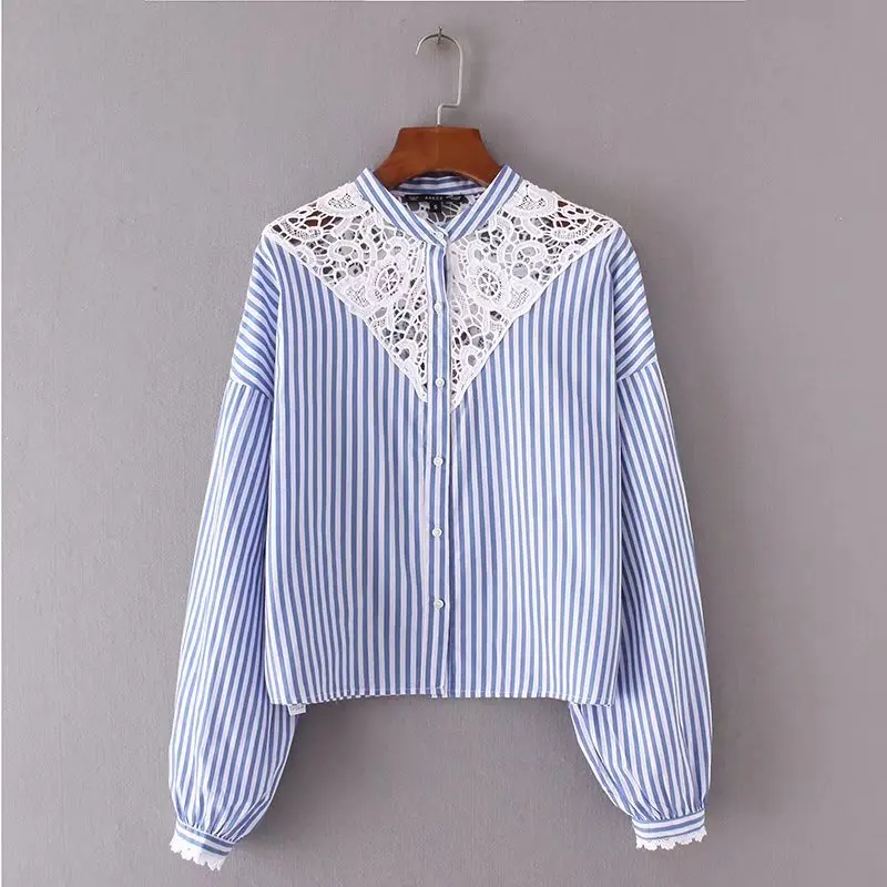 2017 Autumn Women White Blue Striped Lace Crochet Patchwork Blouse Sweet Stand Collar Long-Sleeve Female Shirts Tops Blusas white-cotton-lace-top : image 2017 Autumn Women White Blue Striped Lace Crochet Patchwork Blouse Sweet Stand Collar Long-Sleeve Female Shirts Tops Blusas white-cotton-lace-top