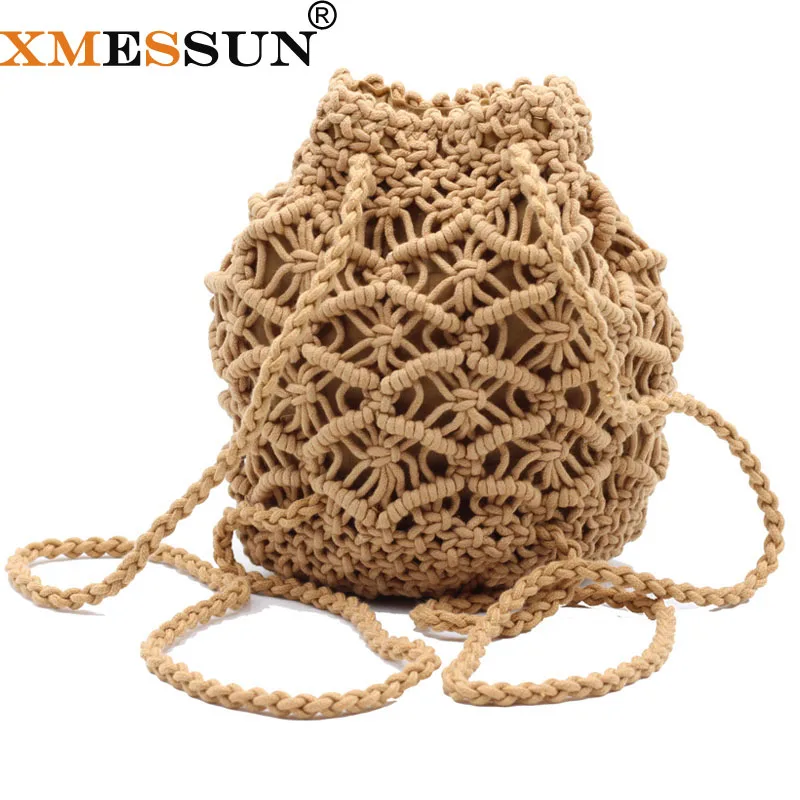 

Fashion Popular Woven Bag Mesh Rope Weaving Tie Buckle Reticulate Hollow Straw Bag No Lined Net Shoulder Bag