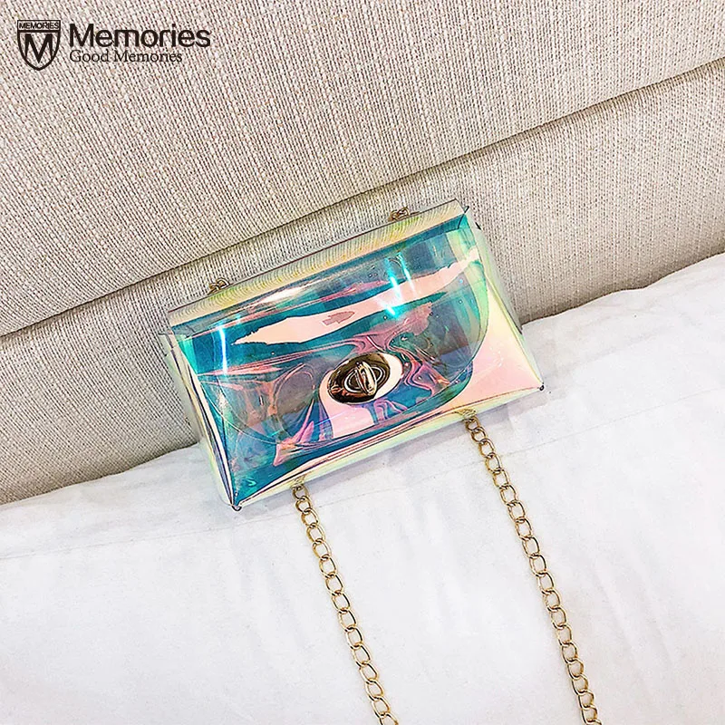 

2019 Women Transparent Bag Clear PVC Jelly Small Tote Messenger Bags Laser Holographic Shoulder Bags Female Lady Sac Femme chain