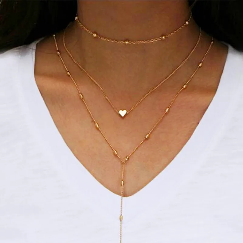 

Fashion Multi Layer heart Chain Necklaces Jewelry for Women Bohemian Choker Chain Jewellery Gargantilha