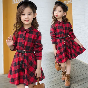 

4-14Y Dress Girl Pure Cotton Plaid Shirt Kids Dresses for Girls Clothing Spring Big Children Waist Vestidos Dress Elegant GDR460