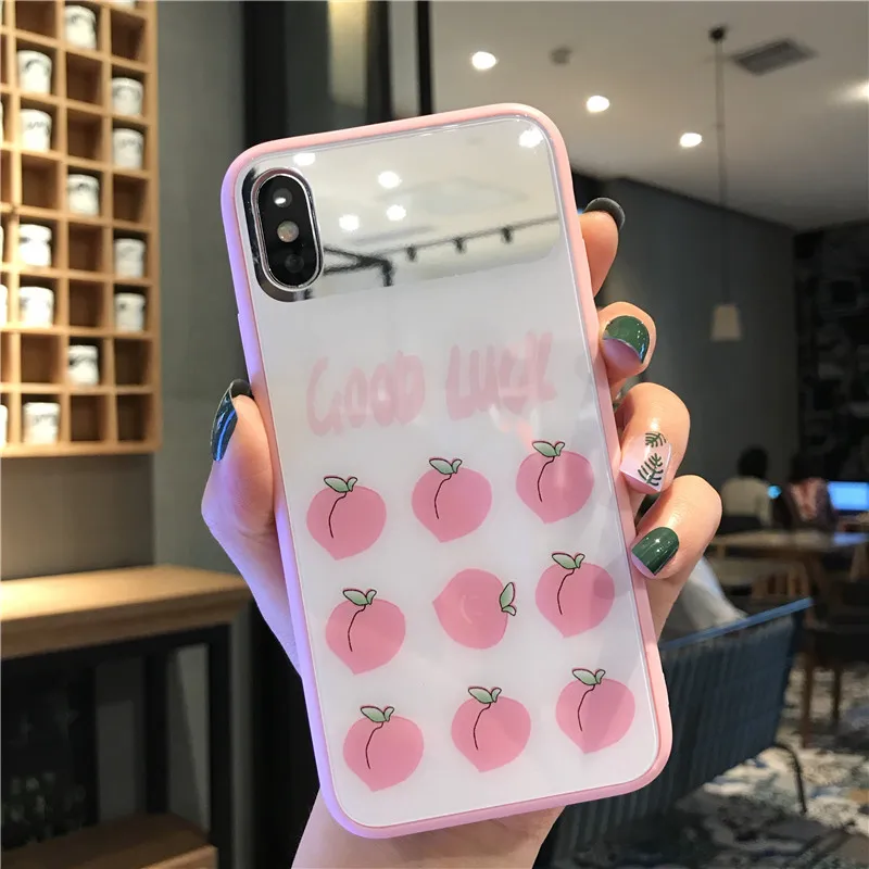 

Mirror Tempered Glass Phone Cases for Iphone X 7 8 6 6S Plus Xs Max Glossy Fresh Cute Peaches Back Cover for Iphone Xr Case