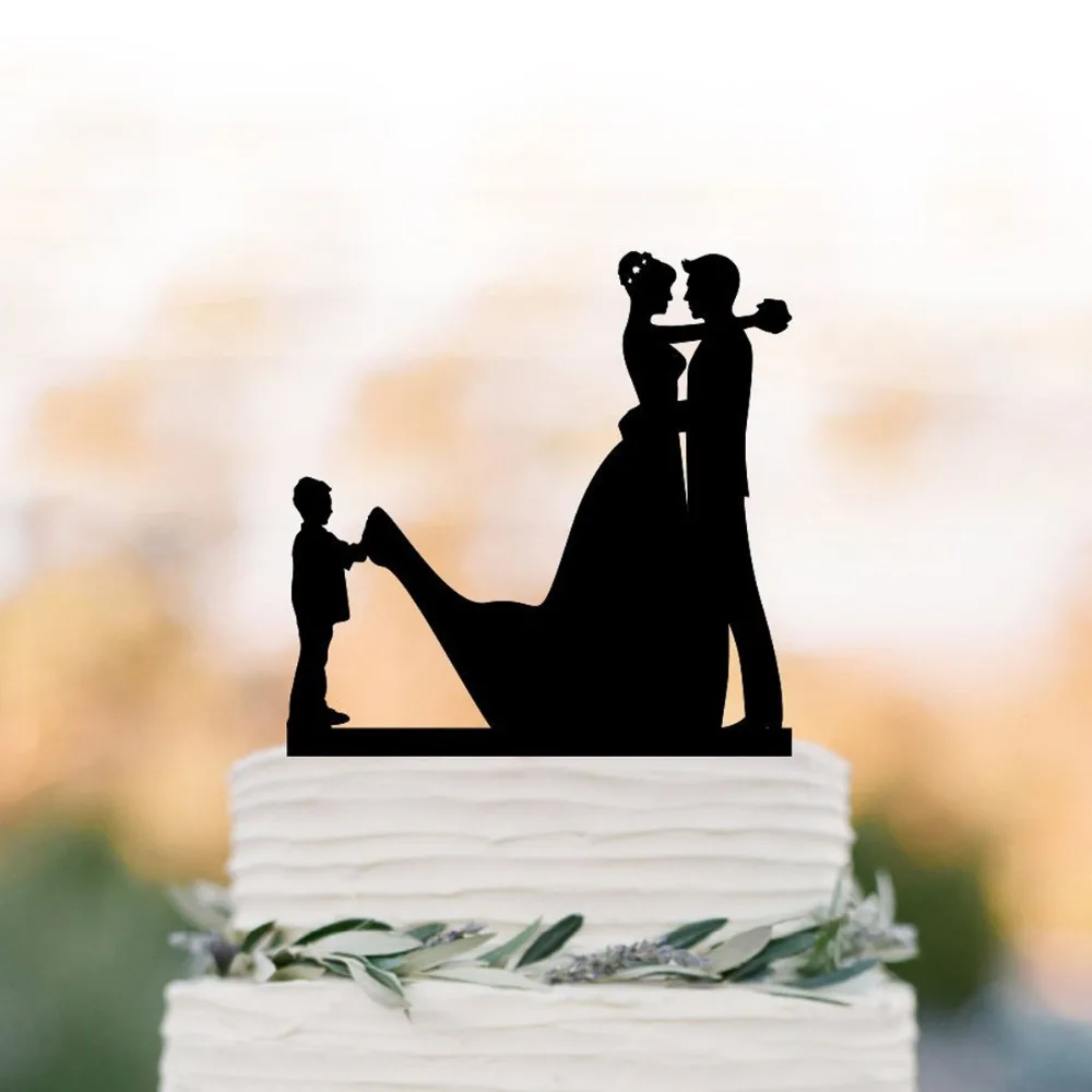Family Wedding Cake topper ,Bride and Groom with boy silhouette Cake topper,funny wedding cake topper Decor