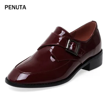 

2019 PENUTA British Style Women Brogue Shoes Patent Leather Ladies Low Heel Pumps Mary Jane Shoes For Women Square Heels PG924
