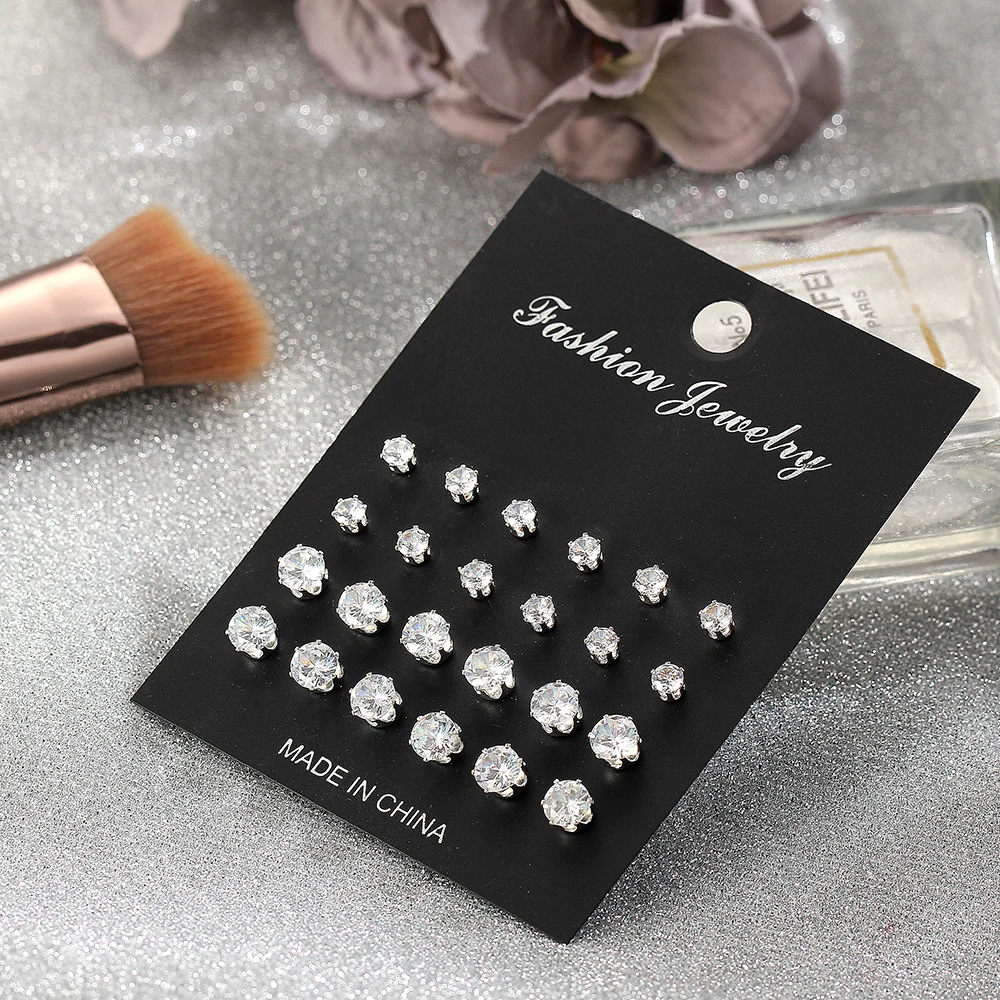 17KM Fashion Cubic Zirconia Stud Earrings Set For Woman Simple Round Silver Color Earring Statement Party Jewelry Gifts 12 Pairs - Image 3