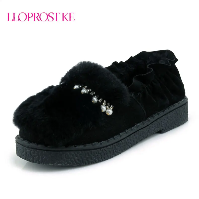 

LLOPROST KE Women Ankle Boots Comfortable Soft Women Boots Real Rabbit Fur Flat Heels Slip On Shoes For Woman Hot Sale LYZ046