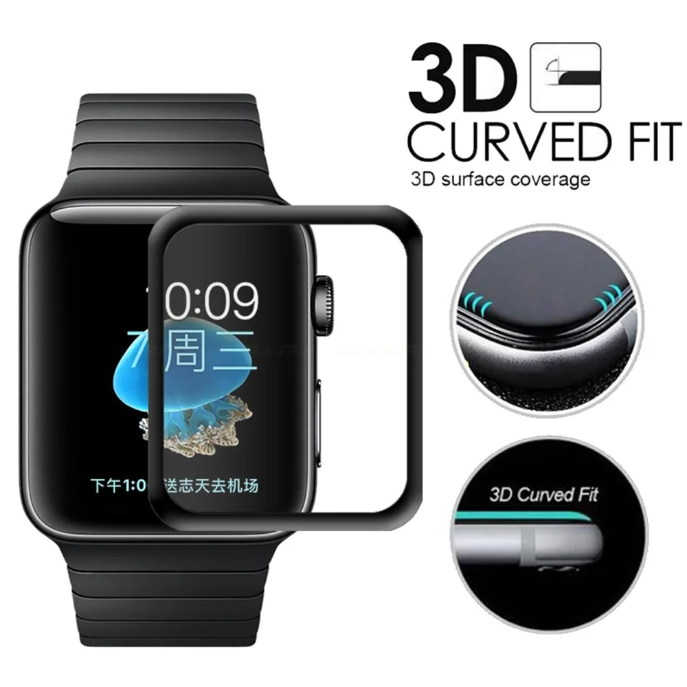 2018 New Tempered Film for Apple Watch 42 / 38mm 3D Glass Curved Surface Anti-Shock Full Screen Protector Film for iwatch 1/2/3