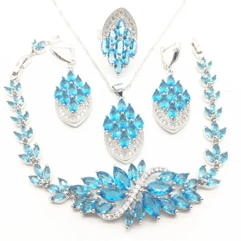 

Aisure Sea-blue zircon Silver color Bridal Jewelry Set For Women Crystal Wedding Bracelet/Necklace/Earrings/Ring/ T0009-3