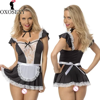 

new women sexy lingerie hot lace French Maid lingerie+thong+collar cosplay sexy costume perspective lace erotic Lingerie 412