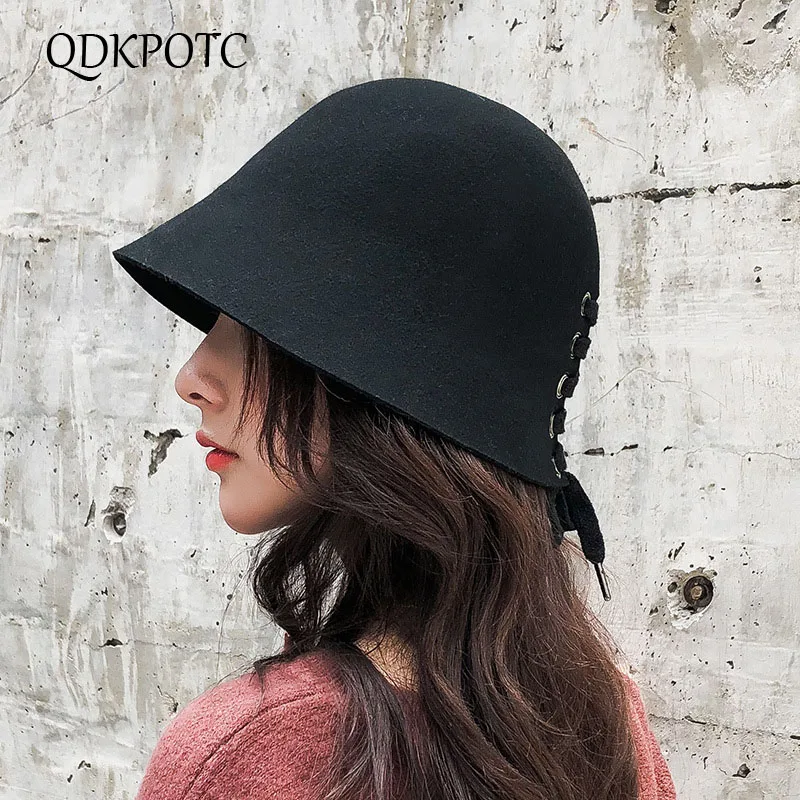 

QDKPOTC 2018 New Fashion Fedoras Women's Wide Brim Dome Bandage Butterfly 100% Wool Cap Casual Hat Fisherman Hats