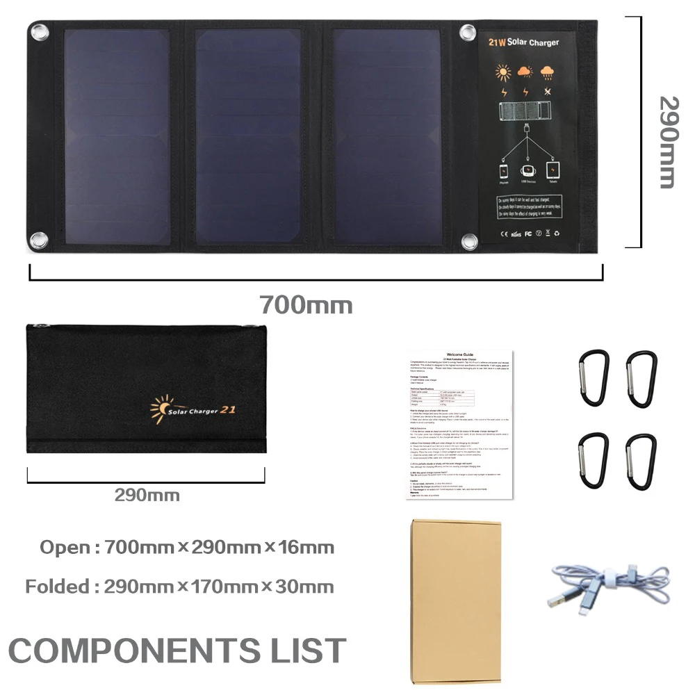 Xinpugaung Гибкая солнечная панель 21 Вт 5 В портативное складное солнечное зарядное устройство Внешний аккумулятор USB порт водонепроницаемый для смартфона планшета