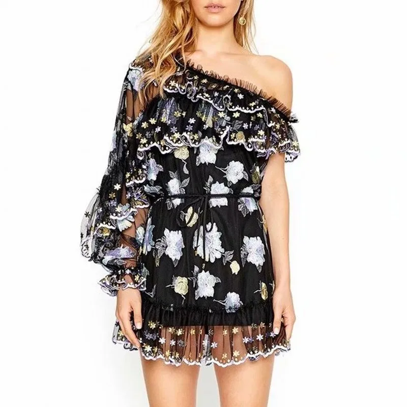 

2019 New Runway self portrait dress Ruffles Women Summer Sweet Lace dress Floral Embroidery Overlay Boho Beach Dresses vestidos