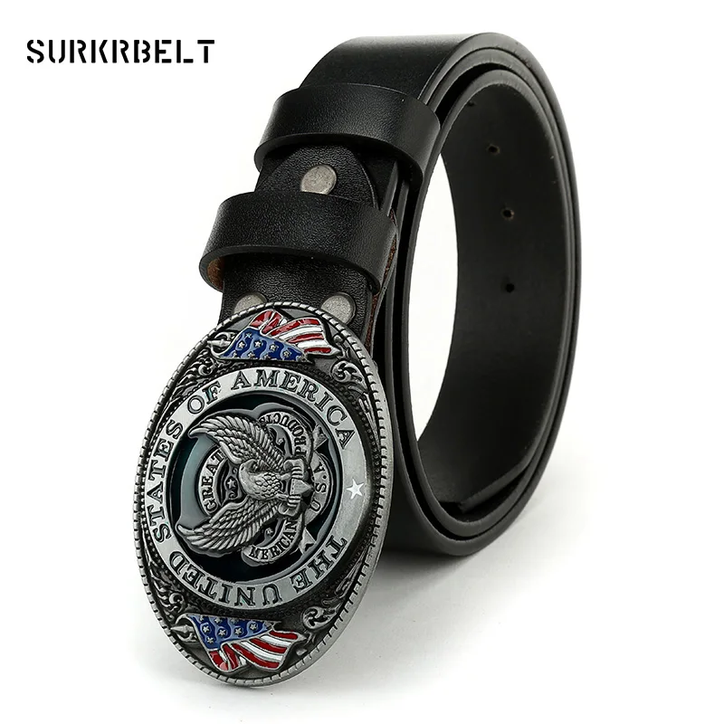 

Punk Designers Luxury Cowhide Brand Genuine Leather Pin Buckle Belts for Mens The United State of American Flag Belt Buckle