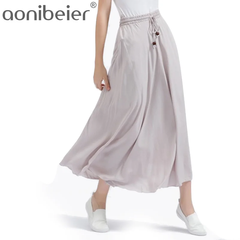 

Aonibeier New Spring Summer Bohemian Women Linen Cotton Long Skirt Ladies Elastic High Waist Maxi Skirts pleated Beach Skirt