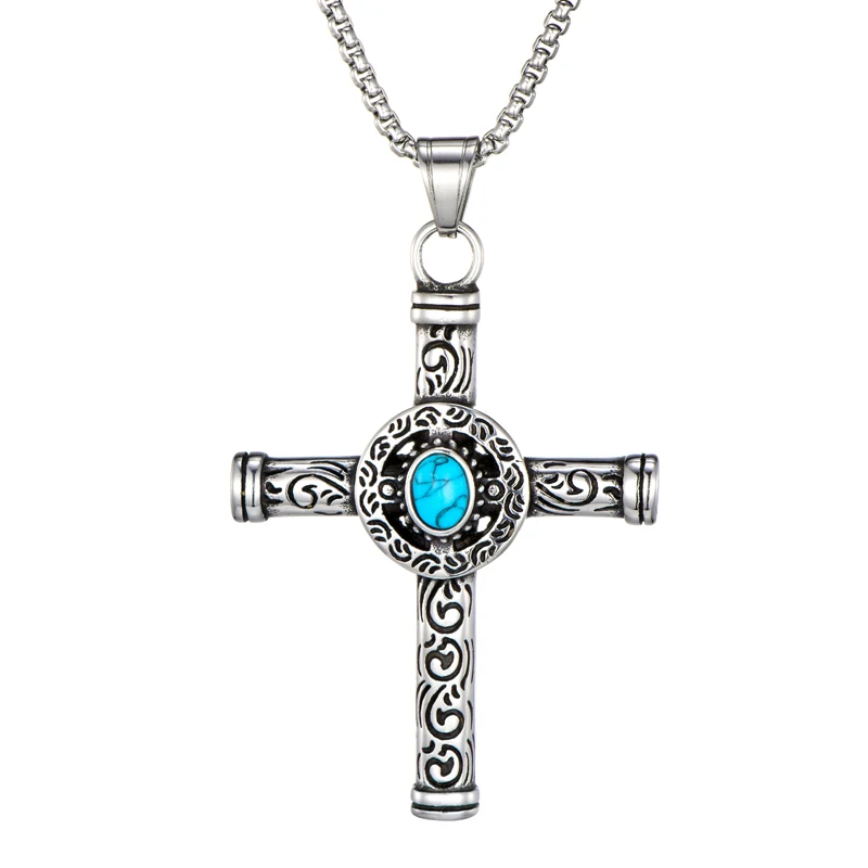 Retro Natural Black Blue Turquoises Cross Pendant Necklace Men Vintage Stainless Steel Religious Jesus Crucifix Male Jewelry | Украшения и