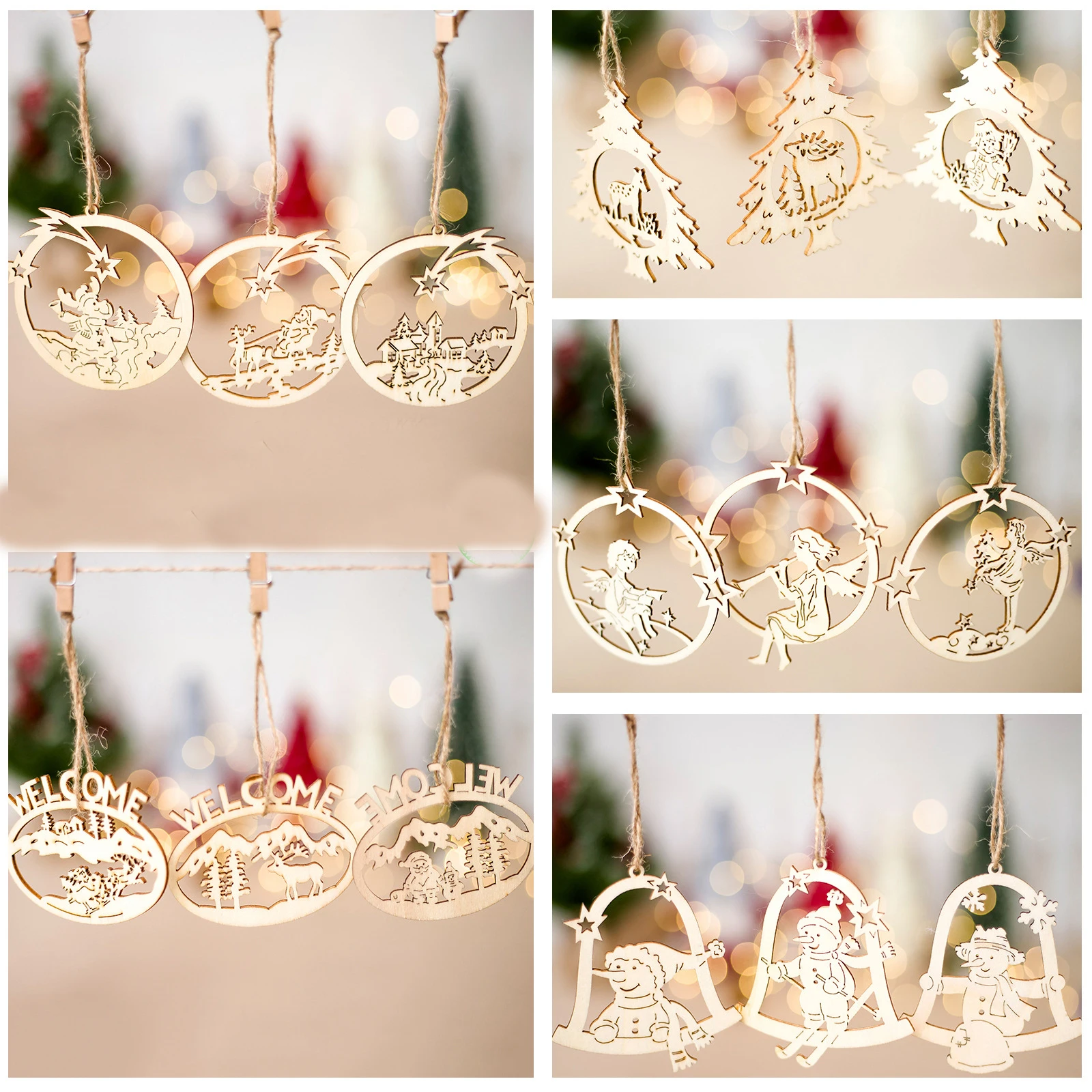 

3pcs/lot Wooden Christmas Tree Pendants Hollow Angel Snowman Hanging Ornaments for Xmas Party DIY Decoration Baubles SA115