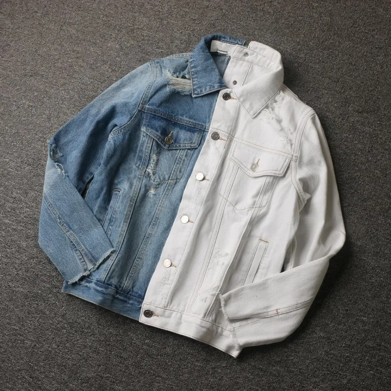 

2019 Double-Sided Harajuku Jean Jacket Female Single-Breasted Basic Coat Long Sleeve Matching Color Hole Denim Jacket