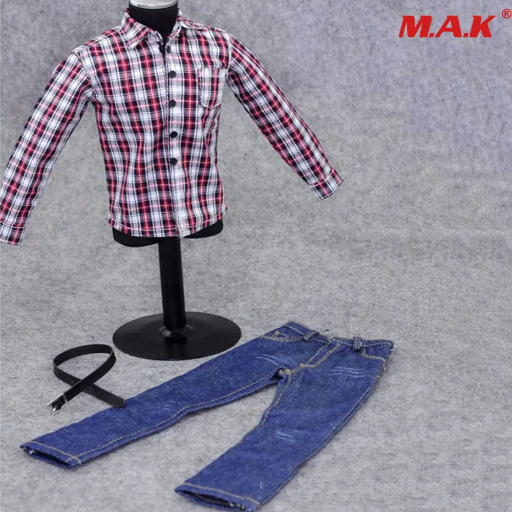 

1/6 scale male man boy casual clothing model toys red white plaid shirt blue jeans pants for 12" action figure body accessory