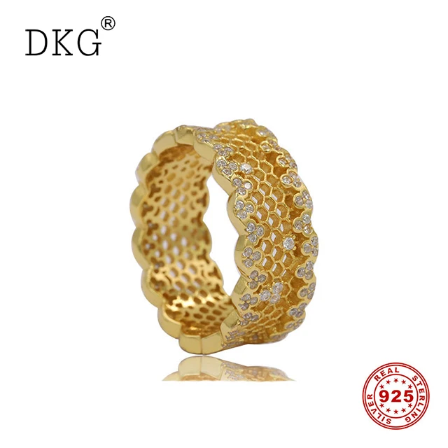 

2019 Spring 100% 925 Sterling Silver Original Gold Honeycomb Lace Pan Ring Shine Clear CZ for Women Charm DIY Jewelry