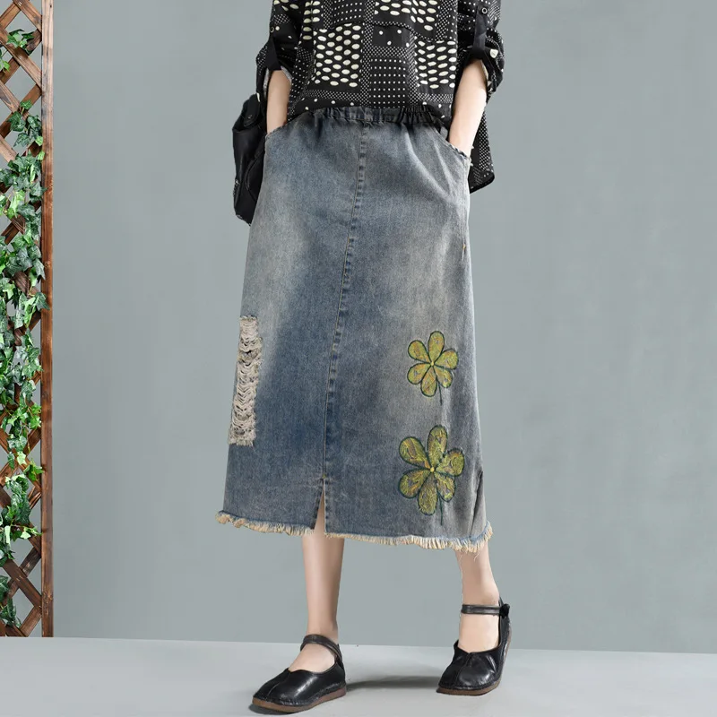 

2019 spring mori girl Vintage denim skirt printed A-line skirt 60017 lpp