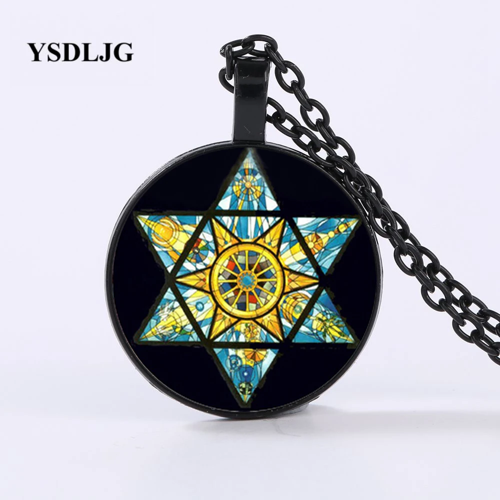 

YSDLJG Star of David Glass Necklace Geometry Pentagram Art Glass Pendant Jewish Shield Symbol Long Necklace Women Men Jewelry