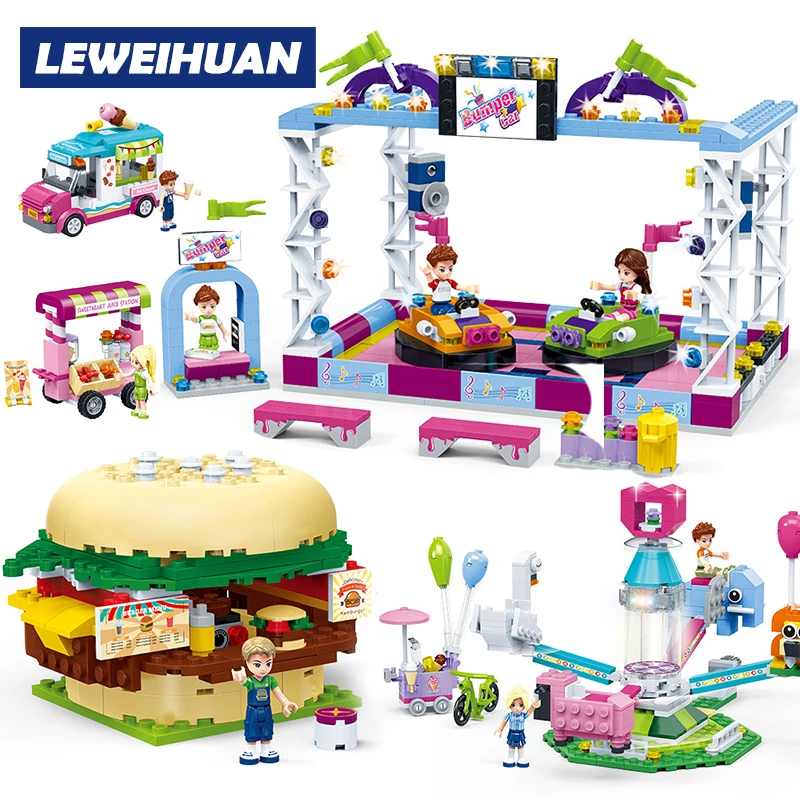 

Friends Series Building Blocks Legoings Amusement Park Bumper Car Rotating Animal Burger Shop Model Bricks Toys Kids Girl Gifts