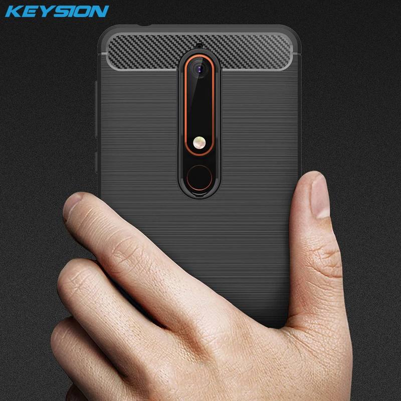 cheap KEYSION Phone Case for Nokia 6 2018 Carbon Fiber Soft TPU Silicone Brushed Anti knock Back Cover for NOKIA 6 2018 TA 1054