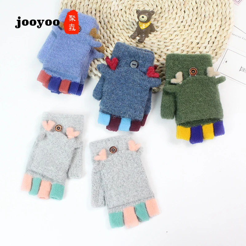 

Children's Gloves Winter Half Finger Flip Cuff Imitation Cashmere Fingerless Gloves Jacquard Antlers Wool Gloves Jooyoo