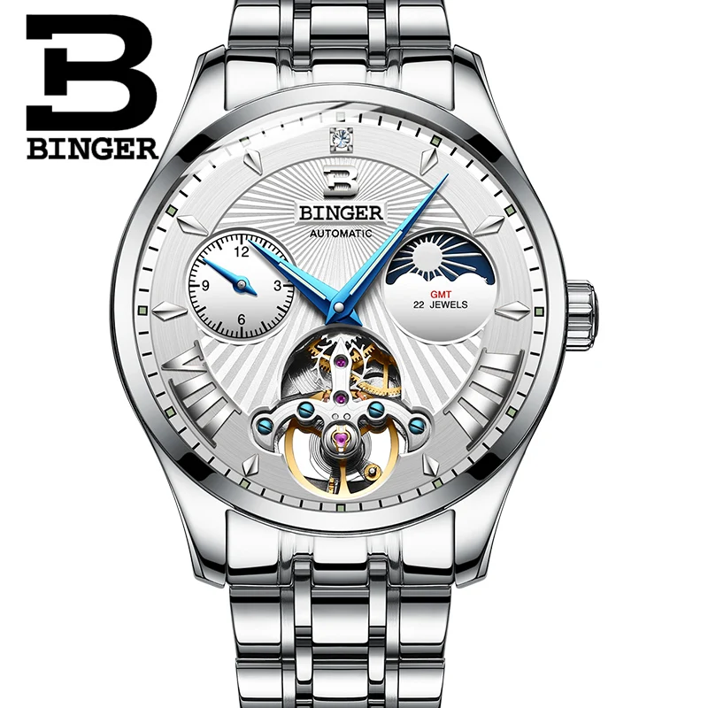 Швейцарские автоматические часы BINGER Tourbillon Мужские со стальным ремешком