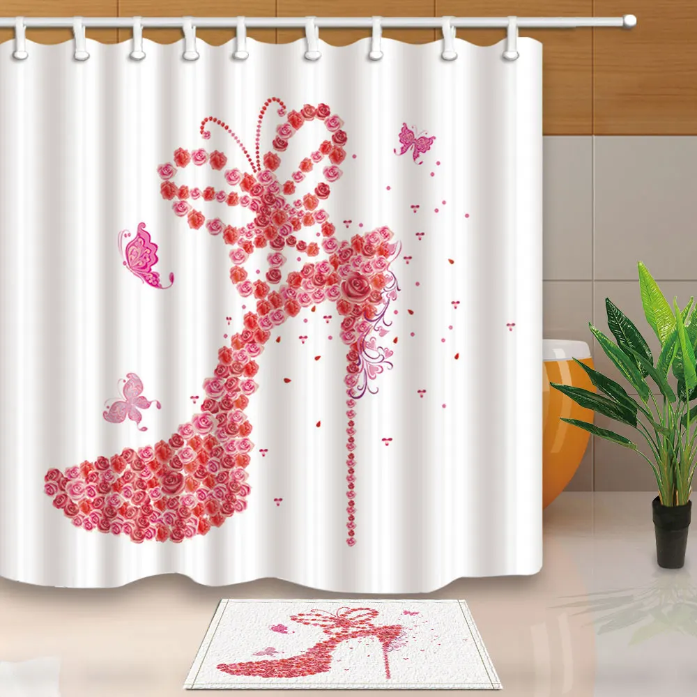 New Style Fashion Shower Curtains Pink High Heel Bathroom Curtain Modern Simple Home Decoration Eco-Friendly with 12 Hooks | Дом и сад