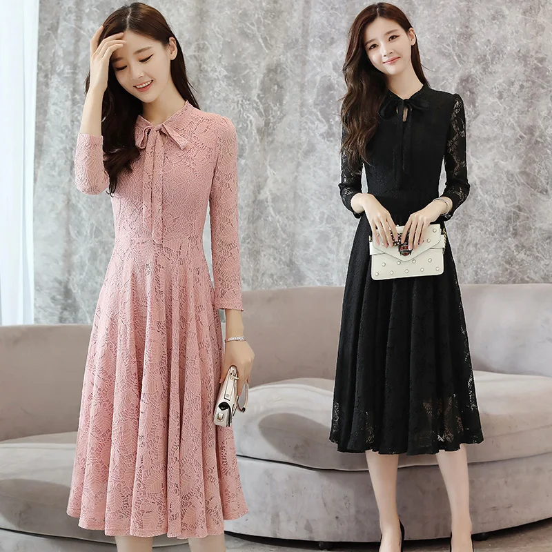

2019 Autumn Winter New Plus Size Vintage Lace Black Midi Dresses Women Bodycon Pink Beach Dress Party White Long Sleeve Vestidos