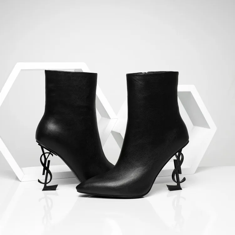 

Women Pointed Toe Ankle Boots Side Zipper Letter High Irregular Heels Shoes Black White Plus Size