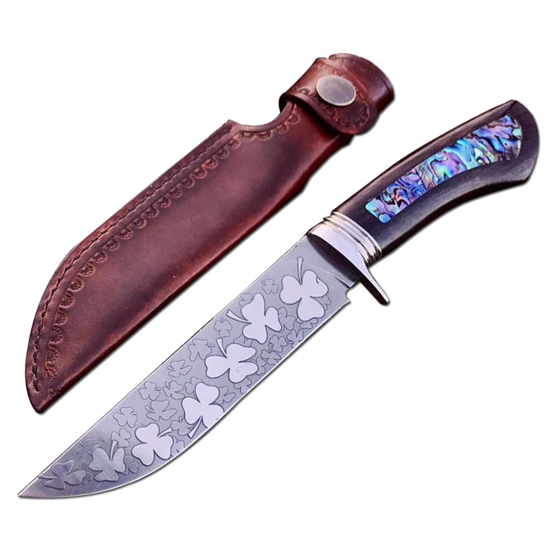 

DuoClang Clover Pattern Survival Knife VG10 Steel Blade Abalone Shell+ Ebony Wood Handle Hunting Fixed Blade Knives