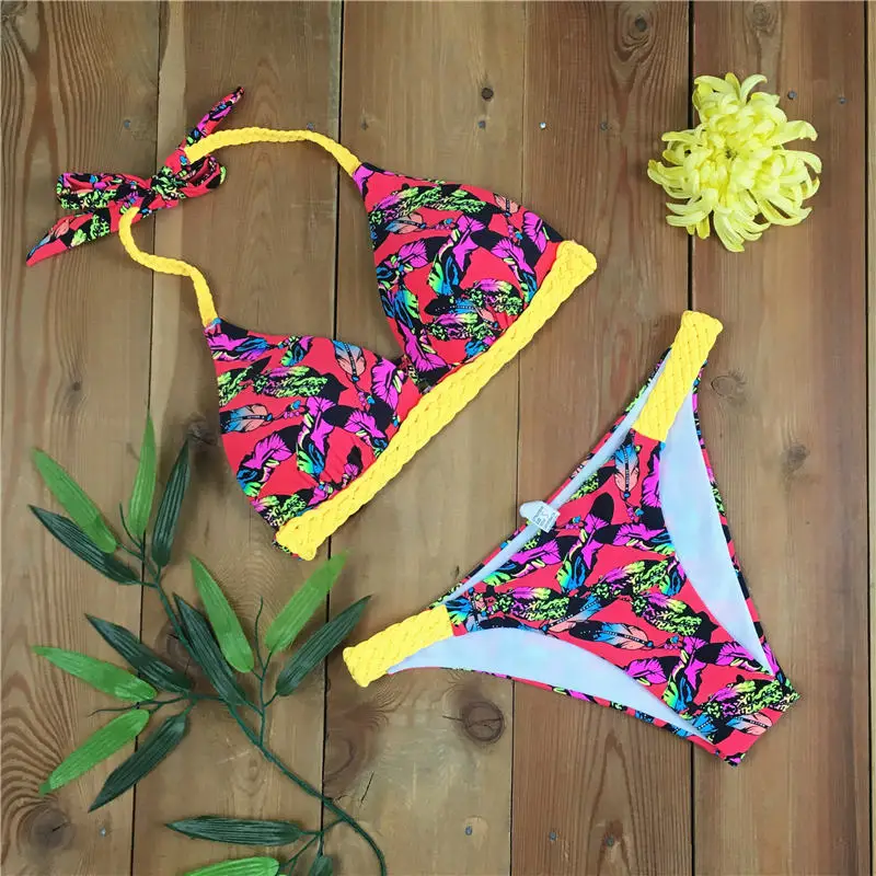 Halter Braided Rope Women Bikinis Swimsuit Sexy Floral Leaf Print Hipster Bralette Brazilian Flattering Bathing Suit With Padded