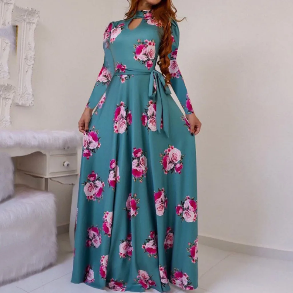 S-5XL размера плюс длинное платье Для женщин Цветочный принт вечерние платье и развевающейся юбкой Bodycon Платье Осень Наряды Бохо 11 видов стилей