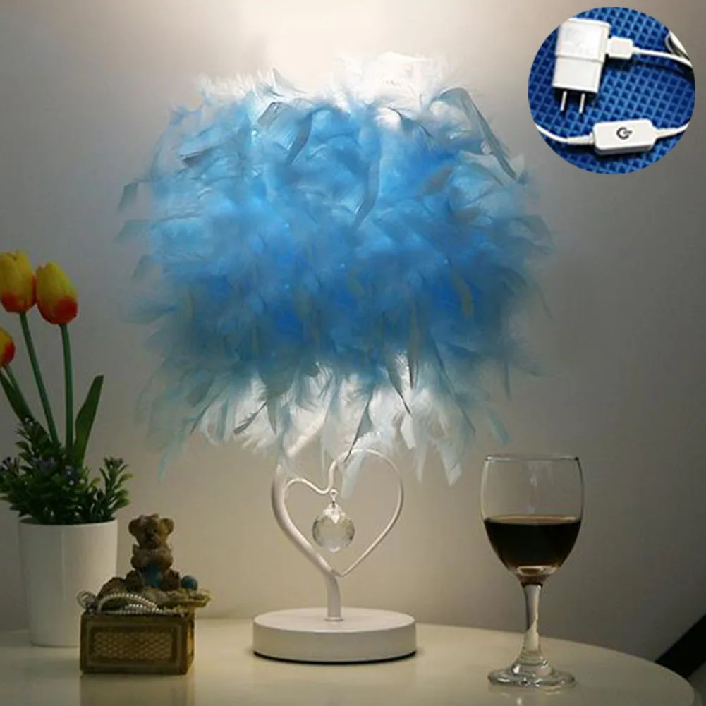 

Light Artificial Feather Home Decor Crystal Art Heart Shape Table Lamp Bedside Gift Desk Living Room