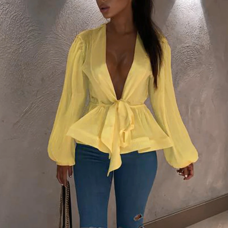 

Women Tops Shirts Summer Beach Deep V-Neck Lace-Up Lantern Sleeve Florescence Tops Solid Club Wear Shirts Chemise Femme