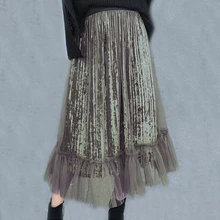 Горячая весна осень Женская сетчатая юбка новая Эластичная Высокая талия Женская плиссированная юбка элегантные длинные бархатные юбки Тюлевая юбка макси A745