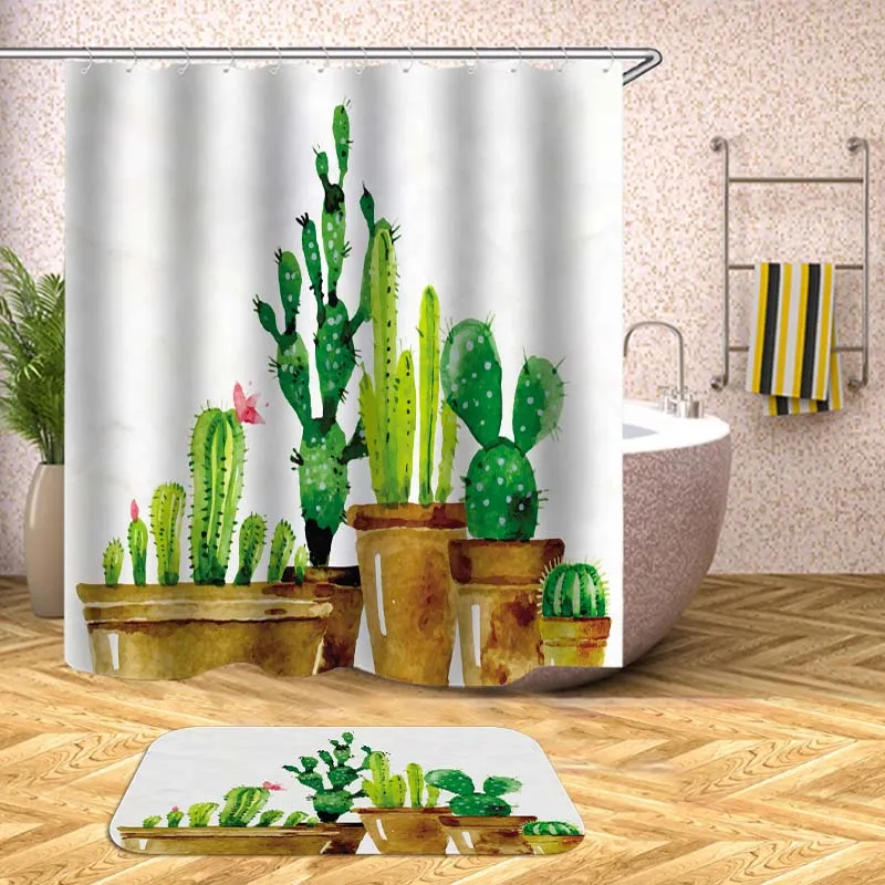 Tropical Green Plants Cactus Print Shower Curtain For Bathroom