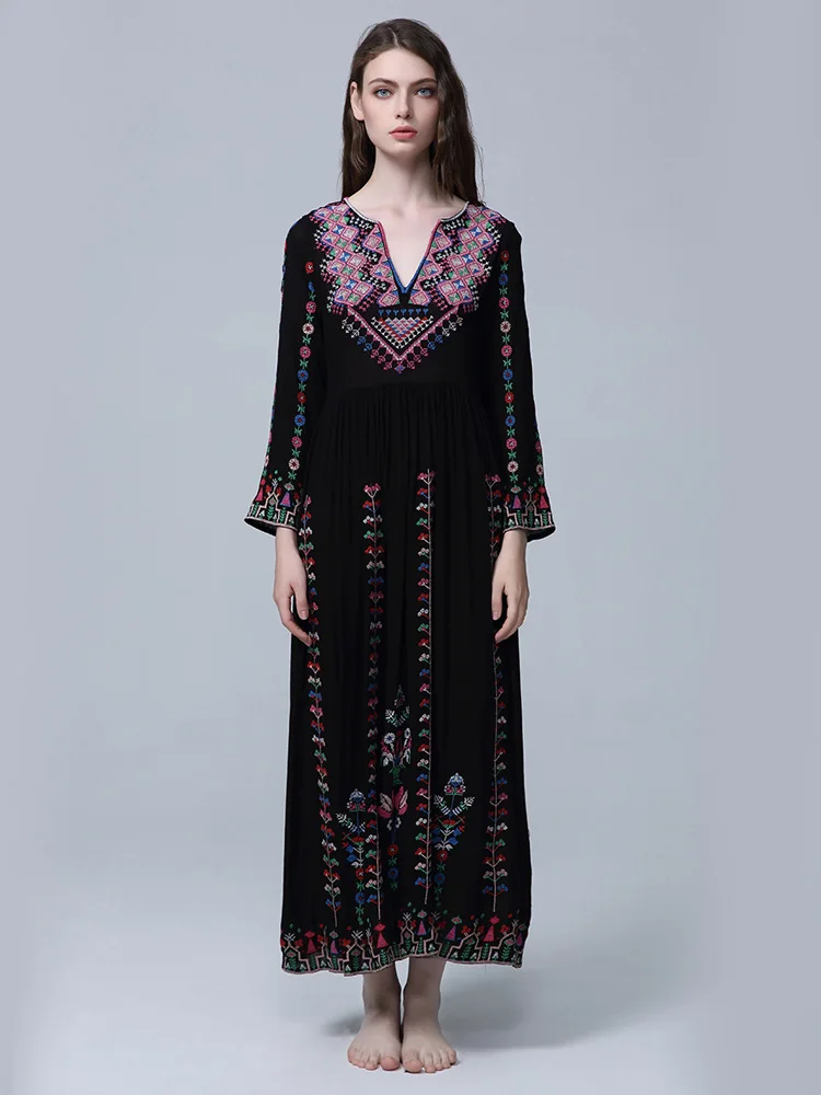 

Summer new Bohemian travel holiday beach dress retro folk style embroidery flower V collar fringed long dress