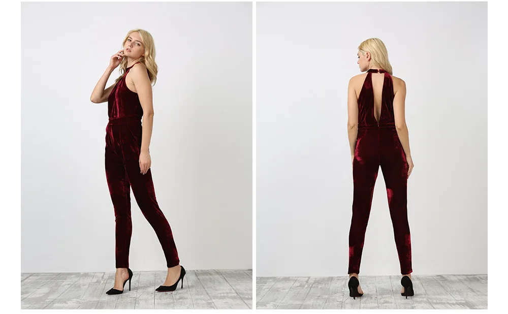 VESTLINDA Wine Red Velvet Jumpsuit One Piece Skinny Women Rompers Active V Neck Backless Jumpsuit Women Jumpsuit Sexy Romper 11