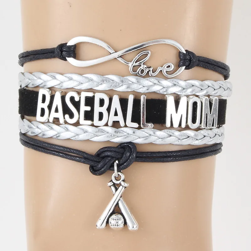 (10pcs/lot) Infinity Love BASEBALL MOM Bracelet Baseball Charm Black