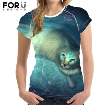 

FORUDESIGNS Blue Moon Cat Printed T-Shirt for Women Cool Customize Picture Short Sleeve Tee Tops Female Casual Summer Tshirt