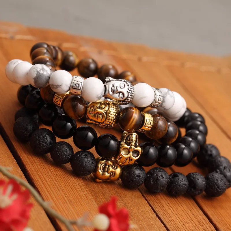 New Fashion Men's Bracelet Gold Silver Buddha skull Elastic Black Color Beaded Tibet Charm Lucky bracelets for women 0228