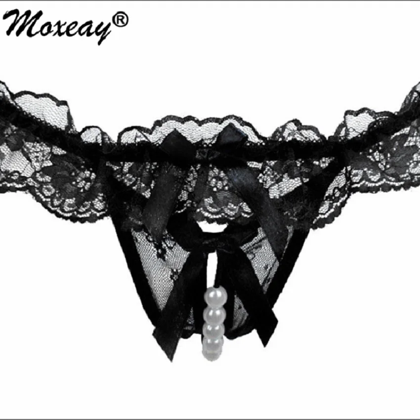 

Moxeay Underwear Women Sexy Panties Lace lingerie Open T-Back Thong G Strings With faux Pearl Massage Brief 1pcs one size solid