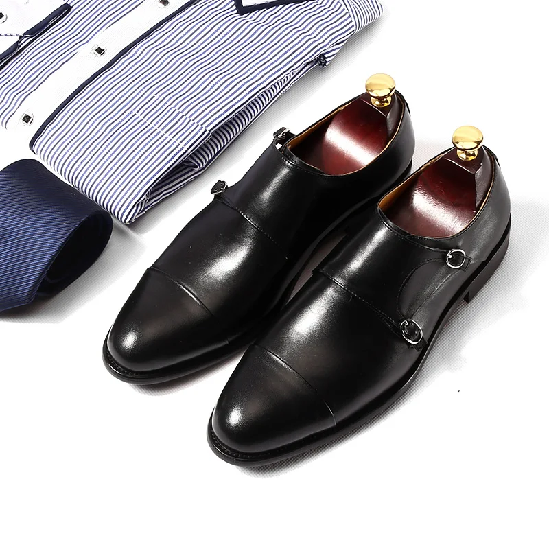 

New arrival Italian men's business monk shoes top quality real leather shoes black pointed two buckled leather shoes men size44