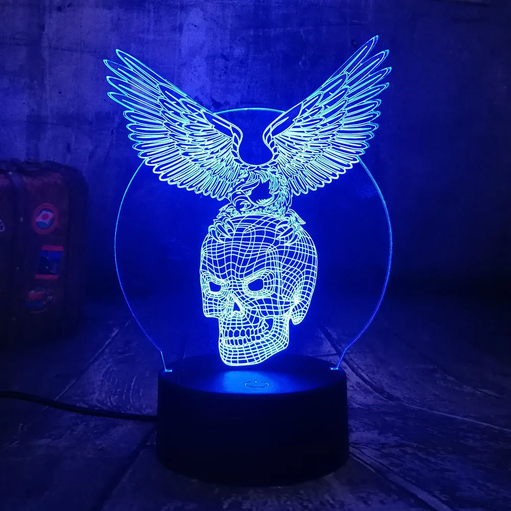 Cool Novelty Skull Eagle Wings 3D LED Night Light RGB 7 Colors Remote Control USB Multicolor Desk L