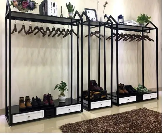 

Clothing store hanger display stand floor-standing men and women loading shelves with cabinet display rack side hanging in the i
