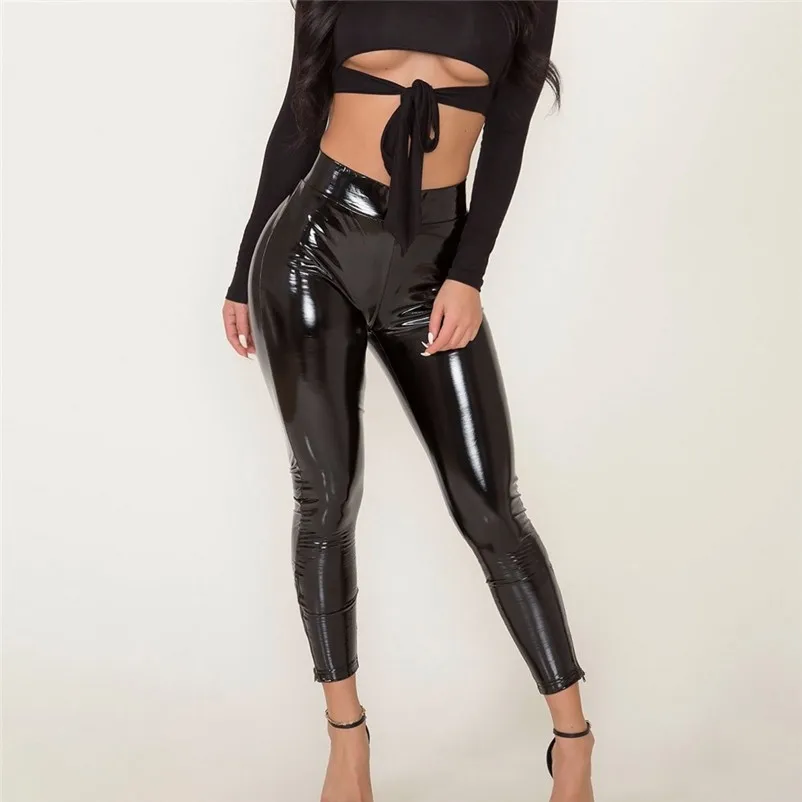 

Fashion sexy Leather High Waist pants Women spring autumn daily causal Leggings Wet Look Stretch Trousers Stage Leggings #25A